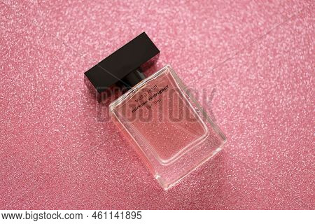 Ternopil, Ukraine - September 2, 2022 Narciso Rodriguez Musc Noir Perfume Bottle On Shiny Glitter Ba