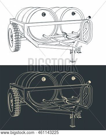 Stylized Vector Illustration Of Drawings Of Portable Water Trailer
