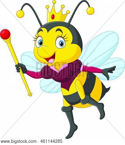 Vector Illustration Of Cartoon Queen Bee Holding A Scepter