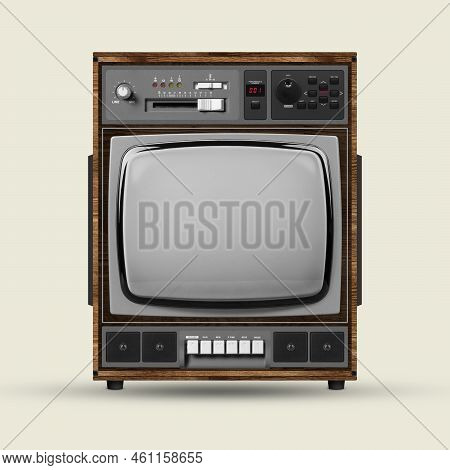 Radio And Tv. Fictional, Created Model Of Retro Tv Set With Blank Grey Screen Isolated Over White Ba