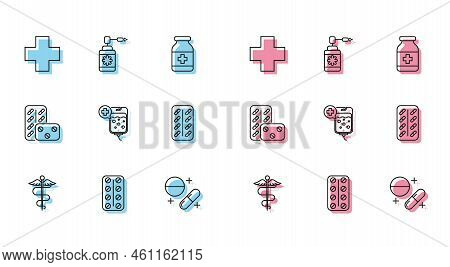 Set Line Caduceus Snake Medical Symbol, Pills In Blister Pack, Cross Hospital, Medicine Pill Or Tabl