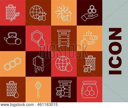 Set Line Jar Of Honey, Bee And Honeycomb, Cup Tea With, Flower, Honeycomb, Tea Kettle, Dipper Sticki