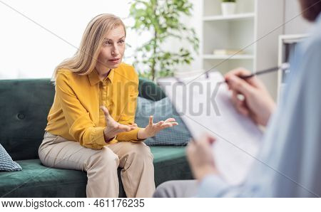 Patient Woman Talking About Her Problems, Session Of Psychology And Mental Health Support, Doctor Me