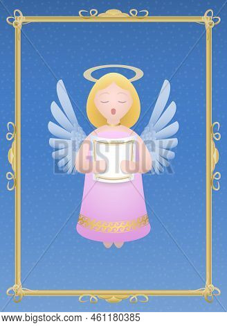 Singing Christmas Angel With Gloriole, Blond Hair, Pink Dress, White Wings And Music Sheet. Vector I
