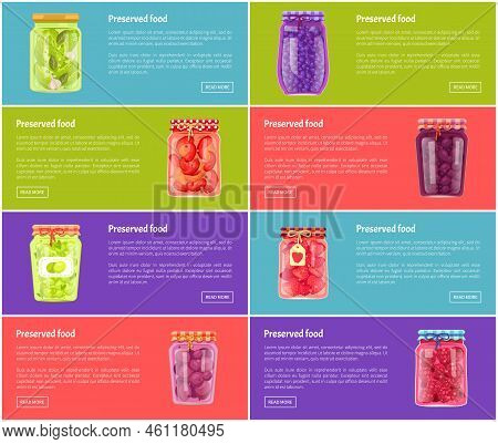 Preserved Food Poster And Jars With Conserved Meal. Fruits And Vegetables Conservation. Canned Plums