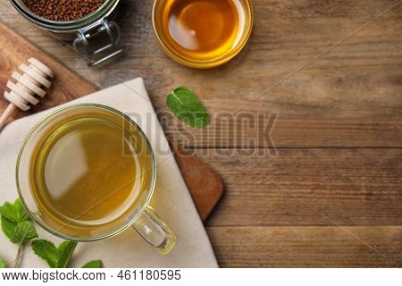 Buckwheat Tea, Granules And Honey On Wooden Table, Flat Lay. Space For Text