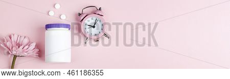 Women Health,middle Age And Menopause Concept. Health Care Style. Copy Space.white Plastic Bottle Wi