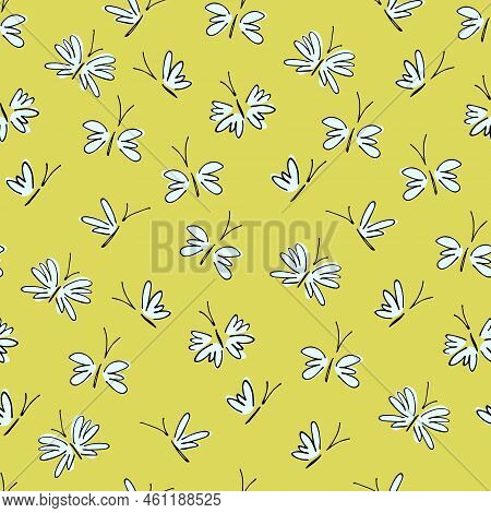 Seamless Pattern With Fantasy Moths, Butterflies In Cartoon Style. Wallpaper, Backgound For Kids