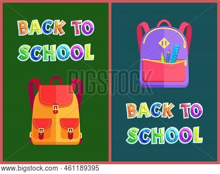 Back To School Set Of Satchels With Pockets. Supplies For Kids Lessons Ruler And Pencils For Drawing