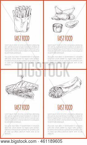 Fast Food French Fries And Fried Chicken Wings Posters With Text Set. Sandwich With Roasted Bread Me