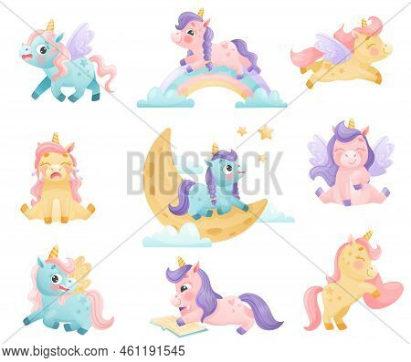 Cute Unicorn With Twisted Horn And Mane Engaged In Different Activity Vector Set
