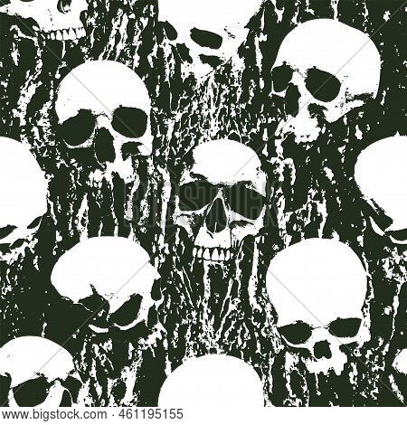 Seamless Pattern With Sinister Human Skulls On Background Of Stone Texture. Vector Background With R