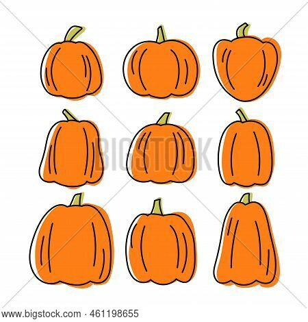 Halloween Pumpkin Set On White Isolated Background, Linart