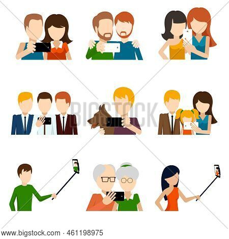 Selfie Icons Set In Flat Design Style. Camera And Phone, People And Friend,  Memory And Photograph P