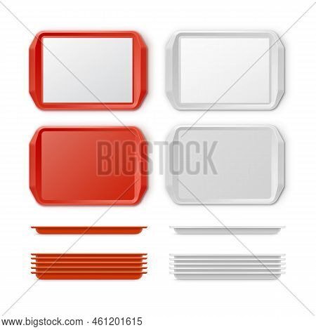 Vector Set Of Rectangular Red White Plastic Tray Salver With Handles Top View Isolated On Background