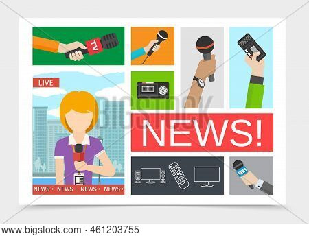 Flat News Colorful Composition With Reporter People Hands Holding Microphones And Dictaphones And Re
