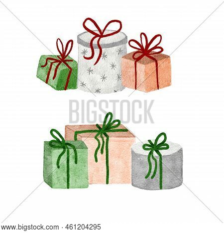 Watercolor Hand Drawn Illustration With Beige Green Gray Present Gift Boxes With Ribbon Bows. Neutra