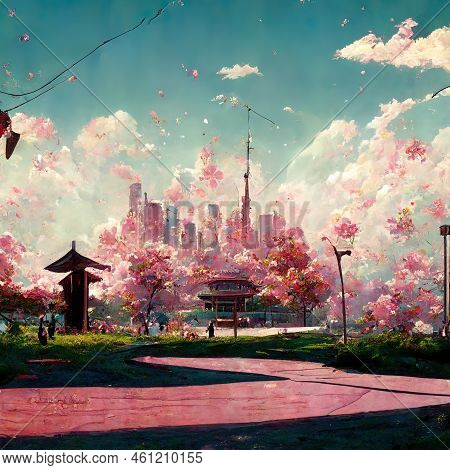An Anime Peaceful Cityscape In The Summer