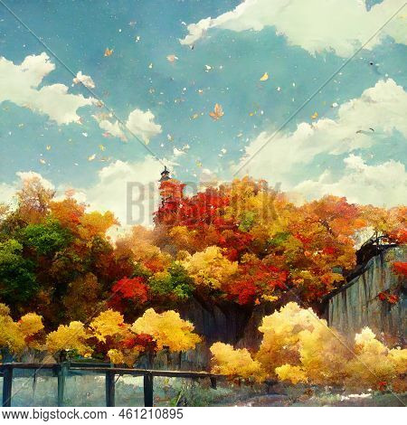 Anime Autumn Scenery With Falling Leaves In Day Time Paint