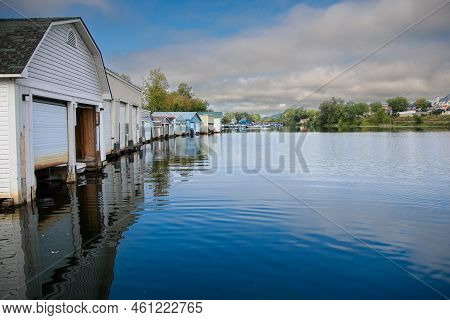 Marina On The Magog River At The Entrance To Lake Memphremago In Quebec, Canada