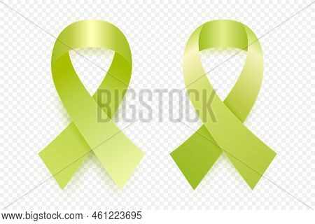 Vector 3d Realistic Lime Ribbon Set. Lymphoma Cancer Awareness Symbol Closeup. Cancer Ribbon Templat