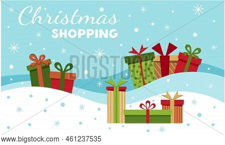 Vector Flat Illustration Of Christmas Shopping. New Year's Card Banner Christmas Shopping. Christmas