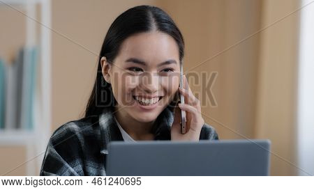 Happy Smiling Asian Girl Korean Female Freelancer Chatting With Friends On Phone Answering Call Frie