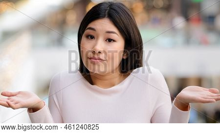 Portrait Asian Korean Unsure Embarrassed Girl Female Model Student Unaware Puzzled 20s Woman Throwin