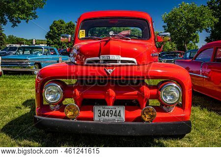 Falcon Heights, Mn - June 17, 2022: Low Perspective Front View Of A 1951 Ford F3 Pickup Truck At A L