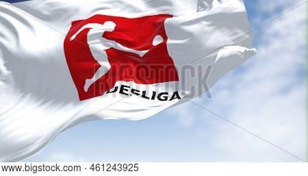Munich, Ger, July 2022: Close-up Of The Bundesliga Flag Waving In The Wind. Bundesliga Is A Professi