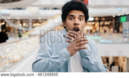 Portrait African American Man Frightened Stressed Guy Feeling Shock Fear Horror Fright Bad News Terr
