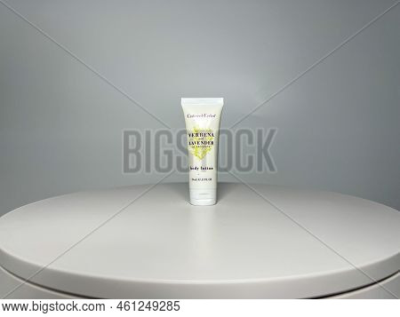 Orlando, Fl Usa - August 4, 2022:  A Bottle Of Crabtree And Evelyn Verbena And Lavender Body Lotion 