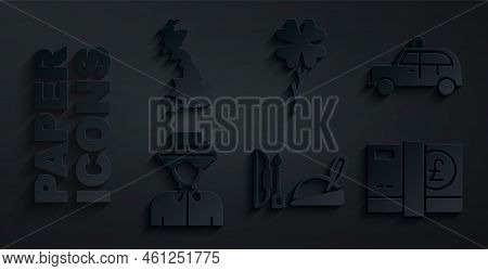 Set Robin Hood Hat, Taxi Car, Queen Elizabeth, Pound Sterling Money, Four Leaf Clover And England Ma