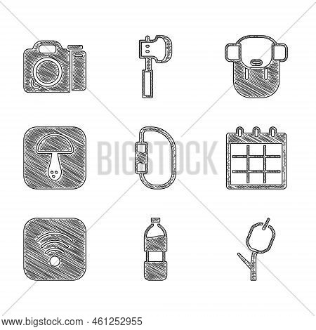 Set Carabiner, Bottle Of Water, Marshmallow On Stick, Calendar, Wi-fi Wireless Internet, Mushroom, H
