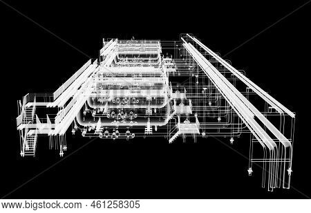 Industrial Equipment. X-ray 3d Illustration On Black Background. Non-destructive Testing Concept