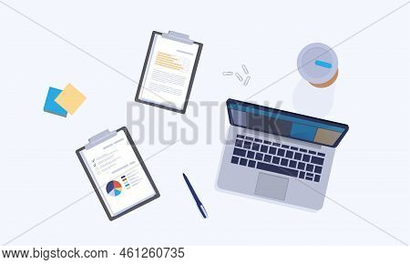 Table Top View. Office Workplace. Laptop On Desk. Paper Tablets. Electronic Device. Notebook Screen.