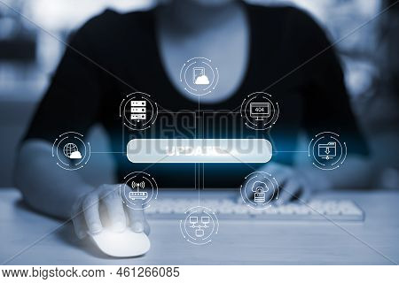 Hand Touch Bar Of Update Software Computer Program Upgrade Business Technology Internet, Update On V