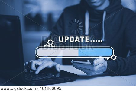 Hand Touch Bar Of Update Software Computer Program Upgrade Business Technology Internet, Update On V