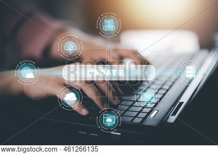 Hand Touch Bar Of Update Software Computer Program Upgrade Business Technology Internet, Update On V