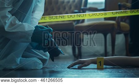 Detective Collecting Evidence In A Crime Scene. Forensic Specialists Making Expertise At Home Of A D