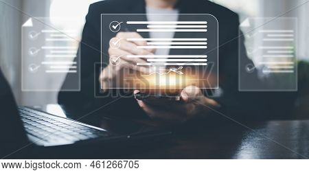 Signing Electronic Documents On Digital Documents Online, Businessman With Contract Electronic Signa