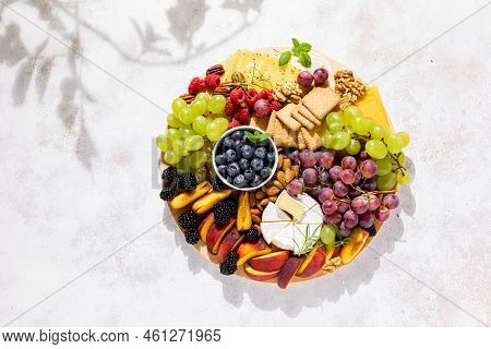 Autumn Cheese Board With Fresh Fruits And Berries Served With White Wine, Top View