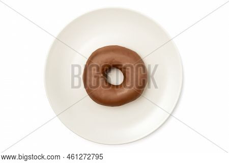 Tasty Donut Dessert With Chocolate Glossy Glaze In A Plate, Isolated On White Background. One Round 
