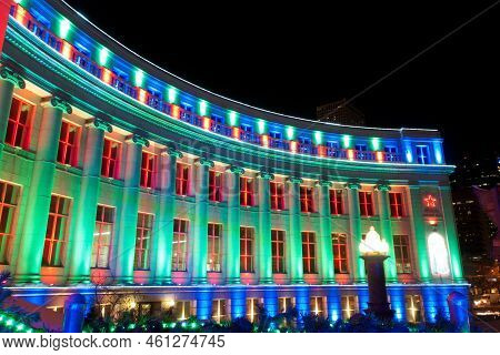 Downtown Denver At Christmas. Denvers City And County Building Decorated With Holiday Lights.