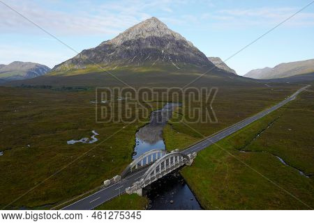 Buachaille Etive Mor Aerial During Summer View Of A82 Road And Bridge