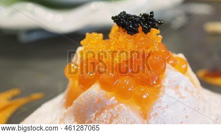 Raw Salmon Toro Top With Salmon Roe( Ikura) And Shrimp Eggs(ebiko) .it Is Japanese Food