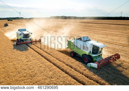 Varna, Bulgaria - July 6, 2022: A Pre-production Claas Trion Combine Harvester Working.
