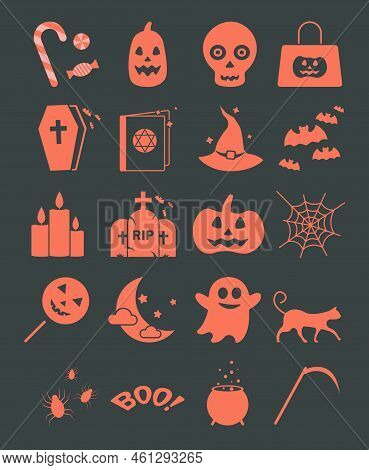 Halloween Orange Icon Set In Black Background, Spider, Magic Hat, Black Cat, Bats, Black Power And O