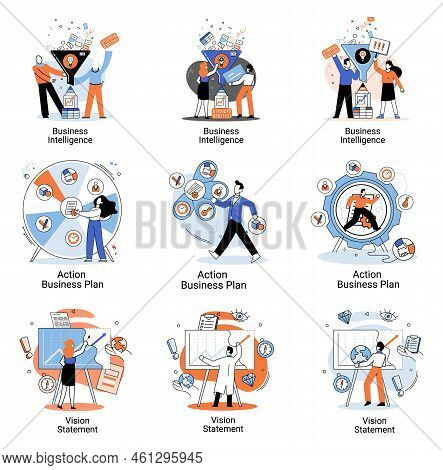 Business Intelligence Action Business Plan. Strategic Planning Automation Process. Mission Rules Vis