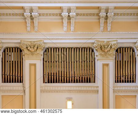 Madrid, Spain - June 28, 2021: Ornate Organ Of Baroque Cathedral Church Of Armed Forces Or Iglesia C